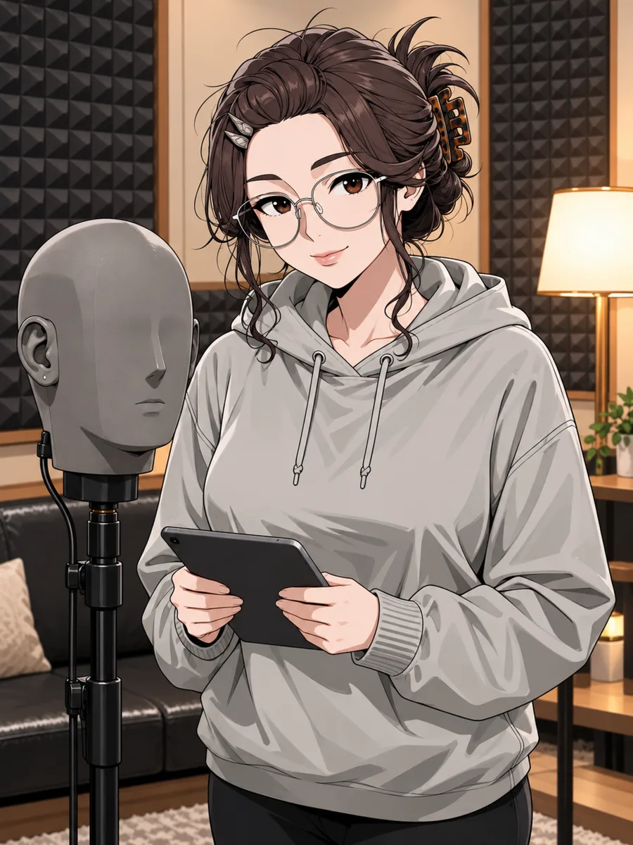 The Booth cover: Mira, in round glasses and a grey hoodie, holding a tablet beside a dummy-head microphone in a soundproofed studio.