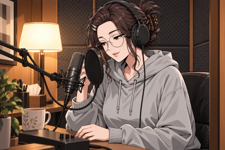 Mira, in glasses, headphones and a grey hoodie, speaks softly into a studio microphone behind a pop filter.