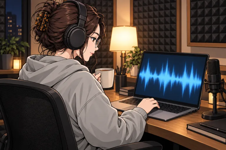 Mira, headphones on, edits an audio waveform on a laptop at her desk with a mug beside her.