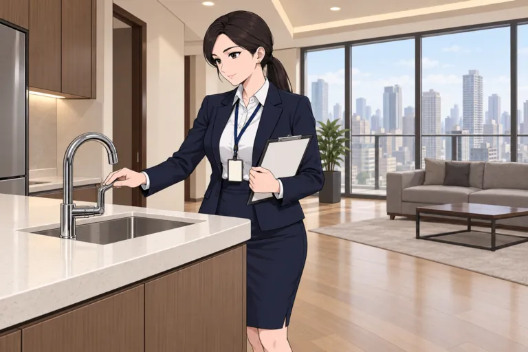 Czari checks the kitchen tap in a high-rise unit, clipboard in hand, the city skyline behind her.