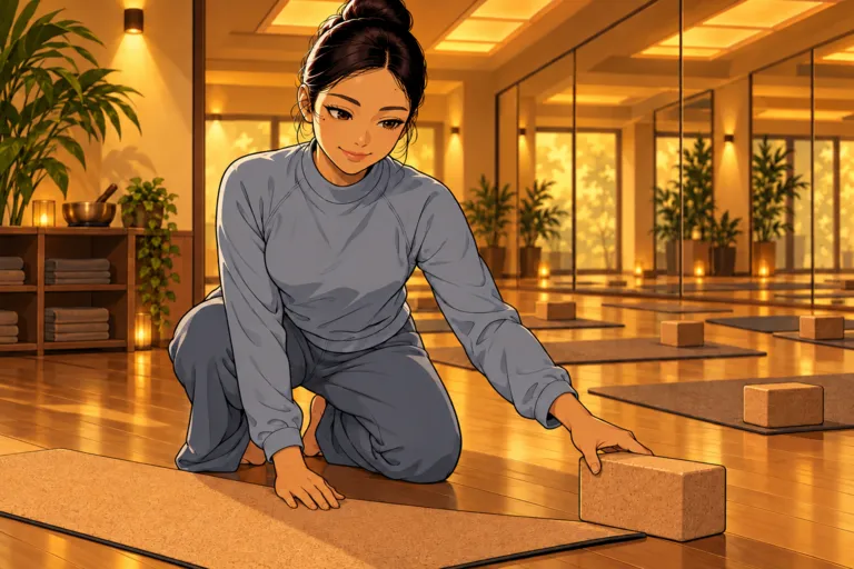 Aya, in a grey long-sleeve top and joggers, kneels on a cork mat setting out a yoga block in the warm, candlelit studio.